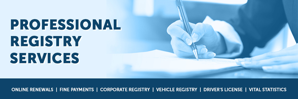 professional registry services including corporate registry, vehicle registry, drivers license, and online renewals